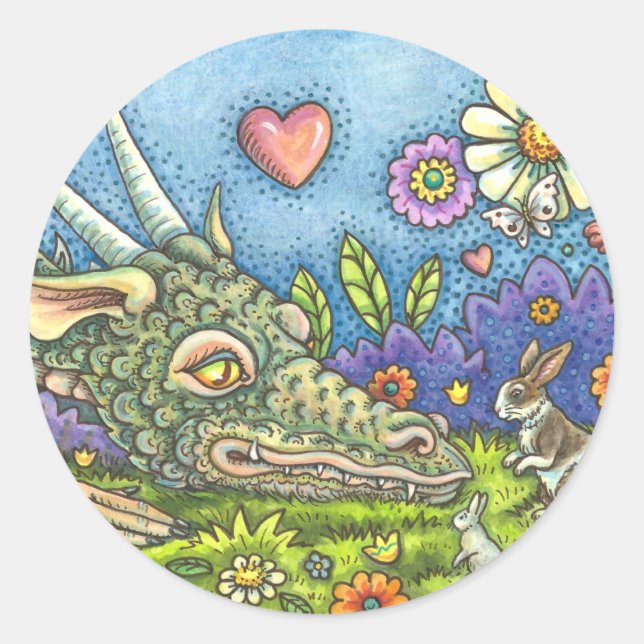 FRIENDLY EASTER DRAGON ON BUNNY TRAIL Cute Fantasy Classic Round Sticker (Front)