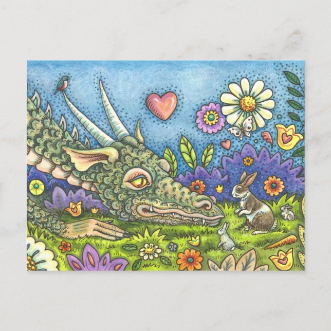 FRIENDLY EASTER DRAGON ON BUNNY TRAIL Cute Fantasy Holiday Postcard (Front)