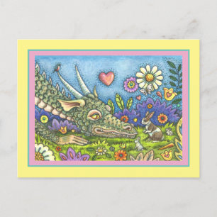 FRIENDLY EASTER DRAGON ON BUNNY TRAIL Cute Fantasy Holiday Postcard