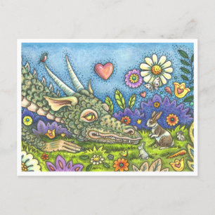 FRIENDLY EASTER DRAGON ON BUNNY TRAIL Cute Fantasy Holiday Postcard