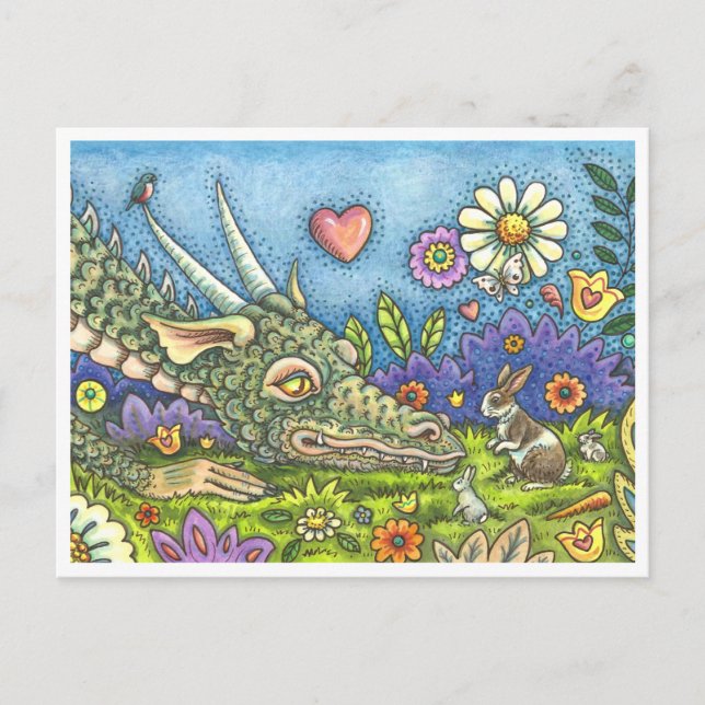 FRIENDLY EASTER DRAGON ON BUNNY TRAIL Cute Fantasy Holiday Postcard (Front)