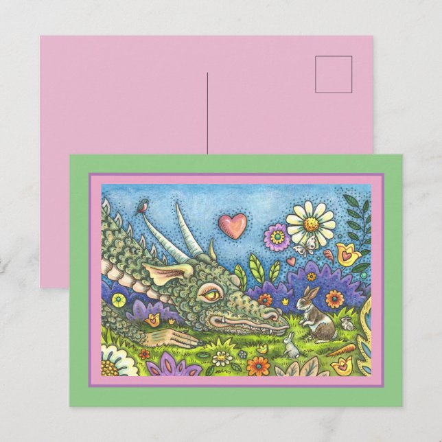 FRIENDLY EASTER DRAGON ON BUNNY TRAIL Cute Fantasy Holiday Postcard (Front/Back)