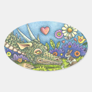 FRIENDLY EASTER DRAGON ON BUNNY TRAIL Cute Fantasy Oval Sticker