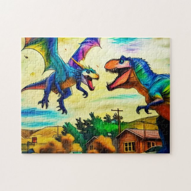 Friendly Encounter -  Dragon and Dinosaur Jigsaw Puzzle (Horizontal)