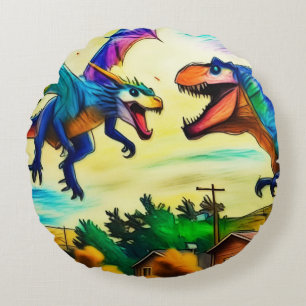 Friendly Encounter - Dragon and Dinosaur Round Cushion
