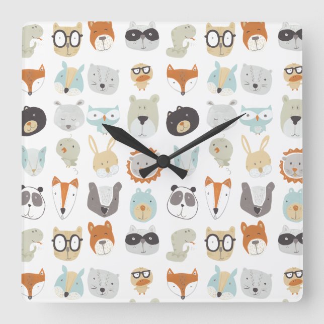 Friendly Faces | Cute Animal Portraits Square Wall Clock (Front)