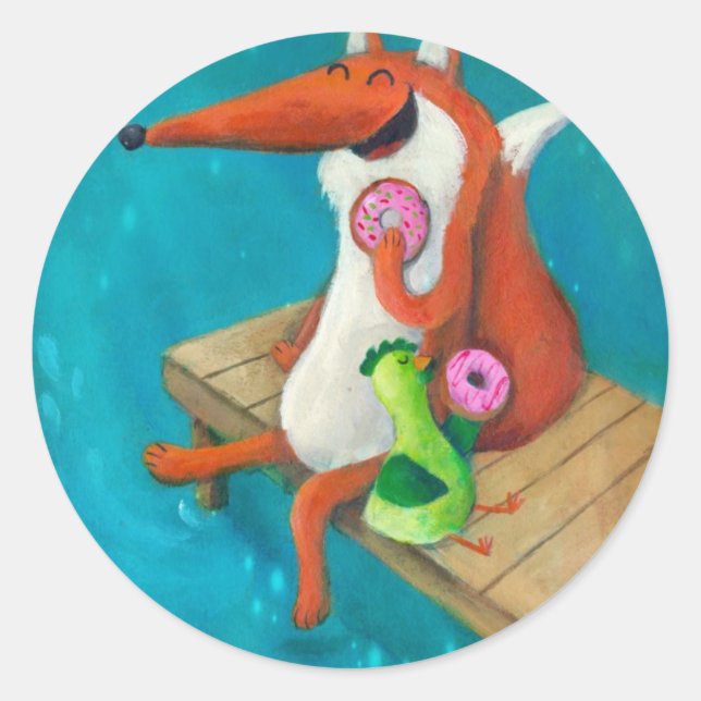 Friendly Fox and Chicken eating doughnuts Classic Round Sticker (Front)