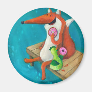 Friendly Fox and Chicken eating doughnuts Magnet