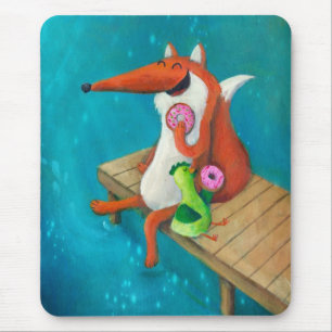Friendly Fox and Chicken eating doughnuts Mouse Mat