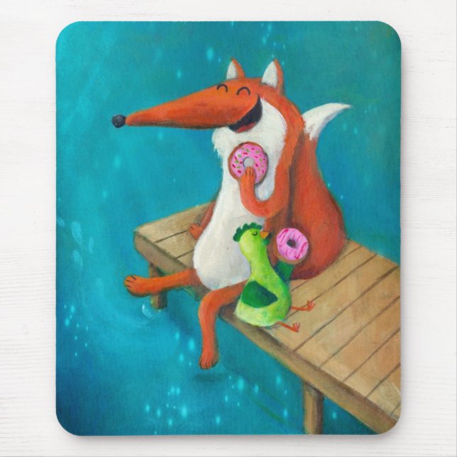 Friendly Fox and Chicken eating doughnuts Mouse Mat (Front)