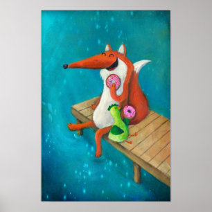 Friendly Fox and Chicken eating doughnuts Poster