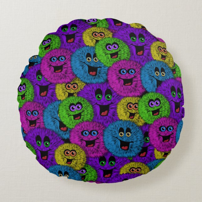 Friendly Fuzzles Cute Creatures Round Throw Pillow (Front)
