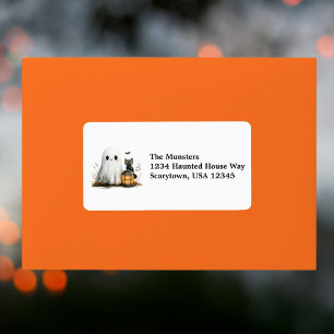 Friendly Ghost Black Cat Autumn Leaves Halloween Label