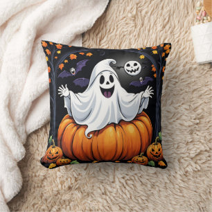 Friendly ghost celebrating Halloween in a pumpkin Cushion