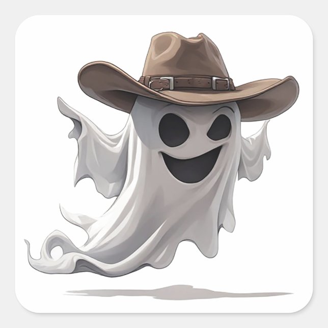 Friendly Ghost Wearing Cowboy Hat 👻 Square Sticker (Front)