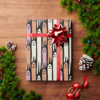 Friendly Ghosts in retro colors on black  Wrapping Paper