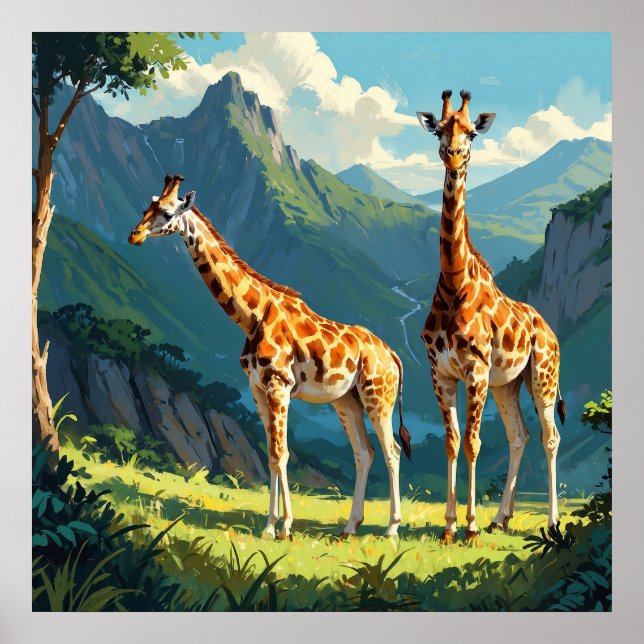 Friendly Giraffes in the Wild Painting Poster (Front)