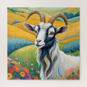 Friendly Goat With Colorful Vibrant Hills Jigsaw Puzzle