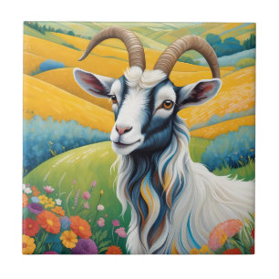 Friendly Goat With Colorful Vibrant Hills Tile