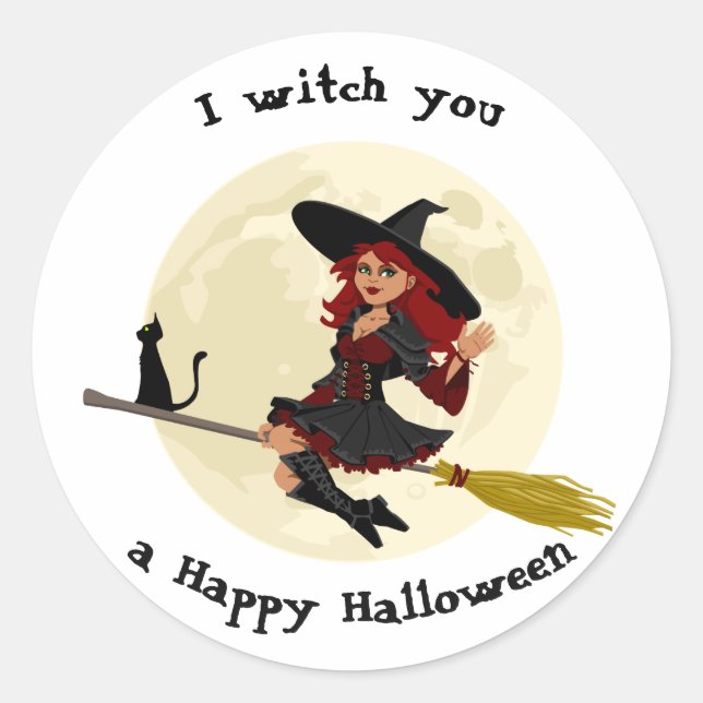 Friendly halloween witch on broom and black cat classic round sticker (Front)