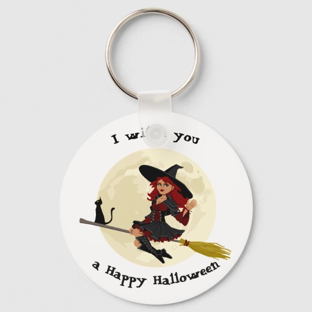 Friendly halloween witch on broom and black cat key ring (Front)