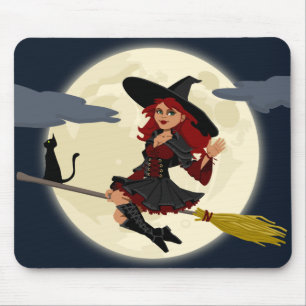 Friendly halloween witch on broom and black cat mouse mat