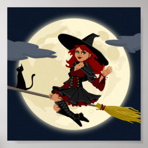 Friendly halloween witch on broom and black cat poster