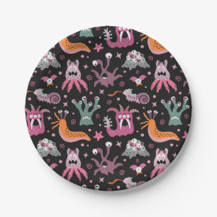 Friendly monsters from black outer space paper plate