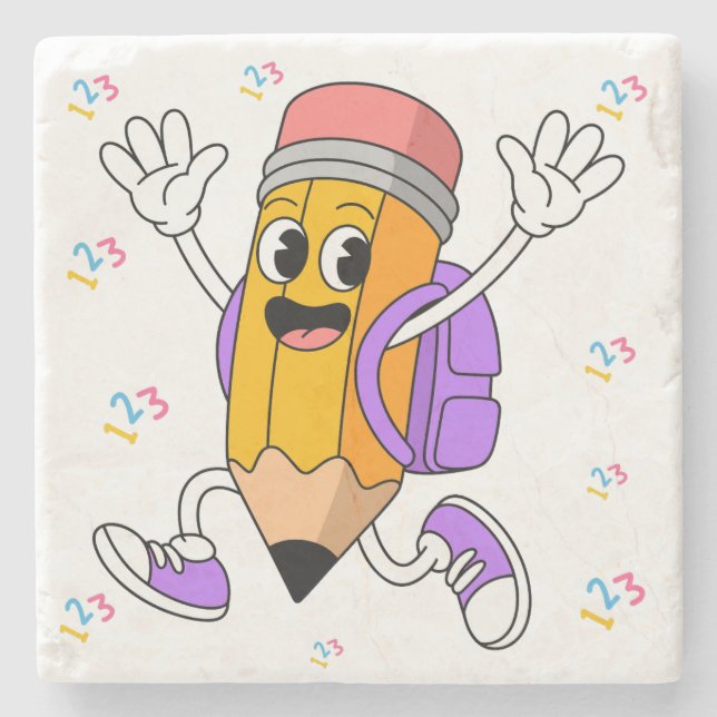 Friendly Pencil Back to School Design.  Stone Coaster (Front)