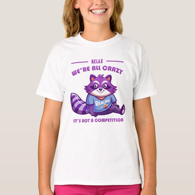 Friendly Purple Racoon with Relaxing Text T-Shirt (Front)
