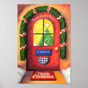 Friendly Red Merry Christmas Front Door Cosy Home Poster