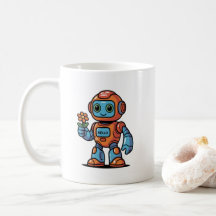 Friendly Robot Holding Flower Cartoon White Coffee