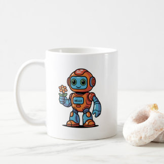 Friendly Robot Holding Flower Cartoon White Coffee Mug