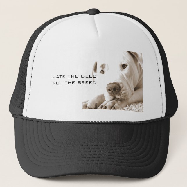 friendly sleepy white pitbull hate deed not breed trucker hat (Front)