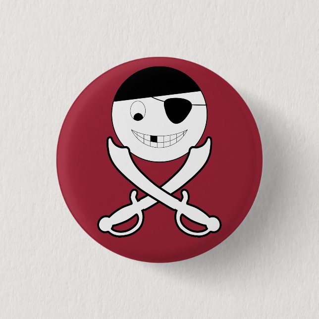 Friendly Smiling Pirate with Crossed Swords on Red 3 Cm Round Badge (Front)