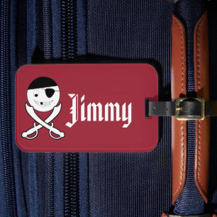 Friendly Smiling Pirate with Crossed Swords on Red Luggage Tag
