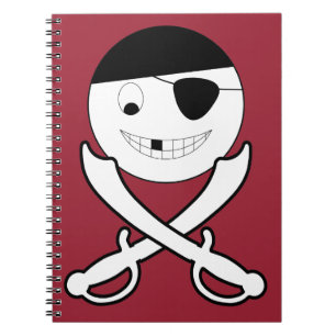 Friendly Smiling Pirate with Crossed Swords on Red Notebook