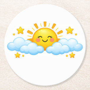 Friendly Smiling Sun Blue Sky Graphic Art Round Paper Coaster