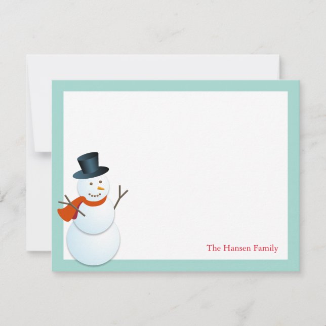 Friendly snowman north pole blue holiday thank you note card (Front)