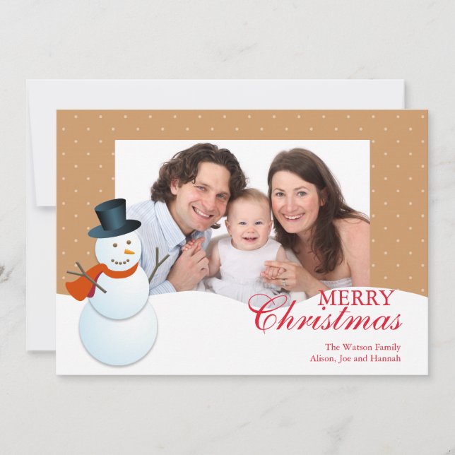 Friendly snowman north pole brown Christmas photo Holiday Card (Front)