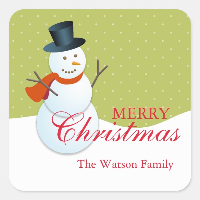 Friendly snowman north pole green xmas holiday square sticker (Front)