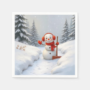 Friendly Snowman with a Red Shovel Napkin