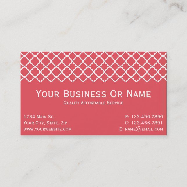 Friendly Tone Persimmon Pink And White Quatrefoil Business Card (Front)