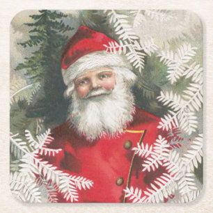 Friendly Vintage Santa Christmas Square Paper Coaster