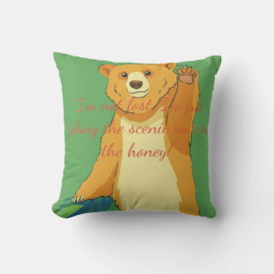 Friendly Waving Bear Cartoon – Vibrant Jungle Gree Cushion