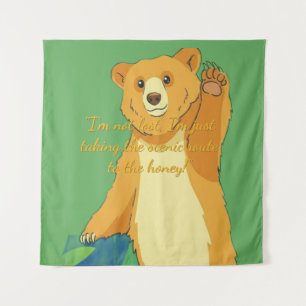 Friendly Waving Bear Cartoon – Vibrant Jungle Gree Tapestry