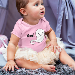 Friendly White Ghost Boo Pink Baby Halloween Bodysuit