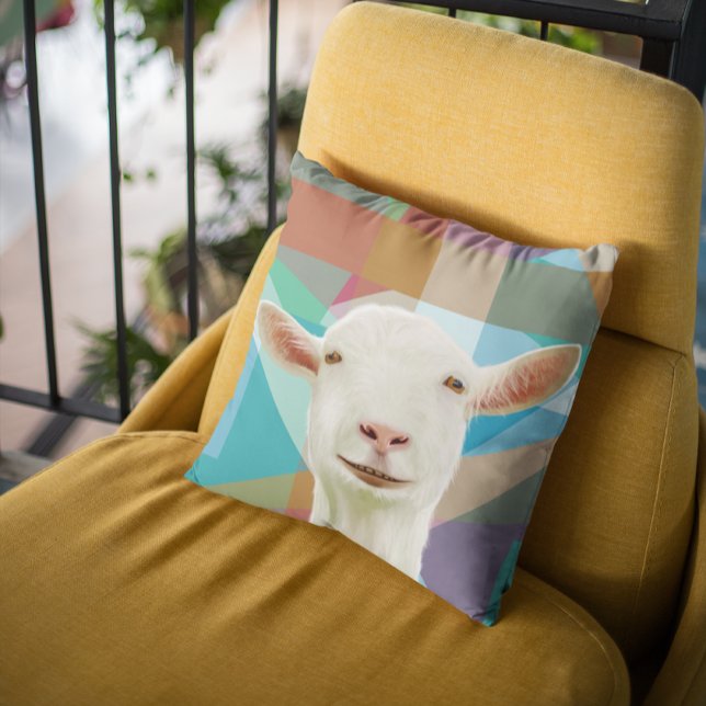 Friendly White Goat Colourful Geometric Background Cushion (Creator Uploaded)
