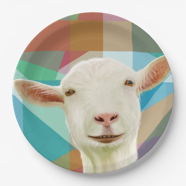 Friendly White Goat Colourful Geometric Background Paper Plate (Front)