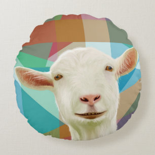 Friendly White Goat Colourful Geometric Background Round Cushion